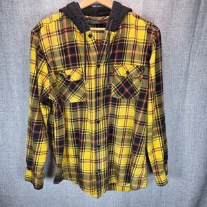 No Boundaries Men's LS Button Down Hooded Shirt Large Skater Grunge Yellow/Black